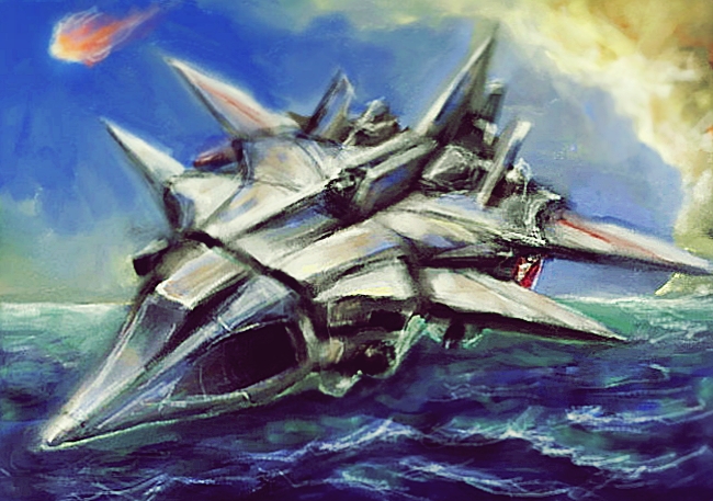 aircraft airplane destroy_all_monsters fire fire_dragon_(godzilla) godzilla_(series) ichiro_(artist) kilaak_ufo military military_aircraft military_vehicle moonlight_sy-3 no_humans ocean spacecraft spaceplane spaceship toho ufo water wings