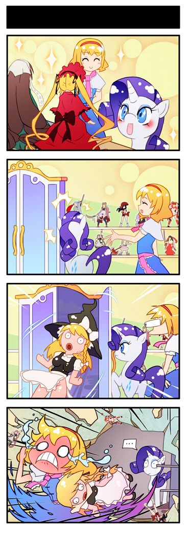 1girl 4koma ^^^ alice_margatroid blonde_hair blow_up_doll blue_eyes blush blush_stickers braid brown_hair character_doll comic crossover doll from_behind full-face_blush hairband hat hole_in_wall horns hyakka_ryouran_samurai_girls kirisame_marisa long_hair my_little_pony my_little_pony:_friendship_is_magic o_o purple_hair queen&#039;s_blade rarity_(my_little_pony) rozen_maiden running sex_doll shinku single_horn suiseiseki tears touhou very_long_hair witch_hat xin_yu_hua_yin zxyon2008