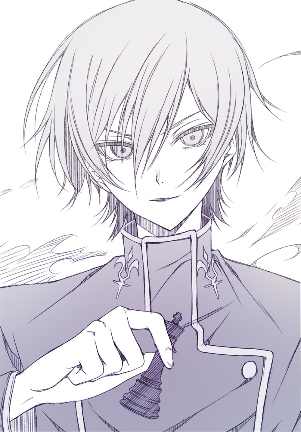 1boy ashford_academy_school_uniform chess_piece code_geass counter:side greyscale hair_between_eyes highres holding holding_chess_piece king_(chess) lelouch_vi_britannia light_smile long_sleeves looking_at_viewer male_focus mixed-language_commentary moka_(mochafree) monochrome school_uniform short_hair tsurime upper_body v-shaped_eyebrows white_background