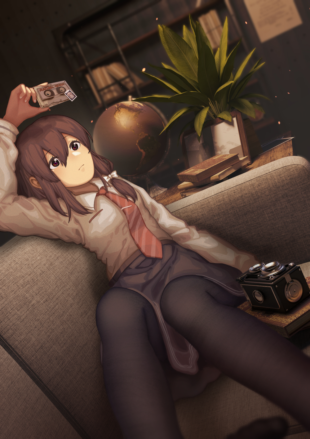 1girl arm_up black_pantyhose black_skirt blurry blurry_background book book_stack bookshelf breasts brown_eyes brown_hair camera cassette_tape chinese_commentary commentary_request couch dutch_angle expressionless feet_out_of_frame furahata_gen globe hair_between_eyes hair_ribbon highres holding indoors light_particles long_sleeves looking_up maribel_hearn medium_hair necktie no_headwear on_couch pantyhose photo_(object) picture_frame plant potted_plant reclining ribbon shirt single_sidelock skirt small_breasts solo striped_necktie striped_neckwear tie_clip touhou tress_ribbon twin-lens_reflex_camera usami_renko white_shirt