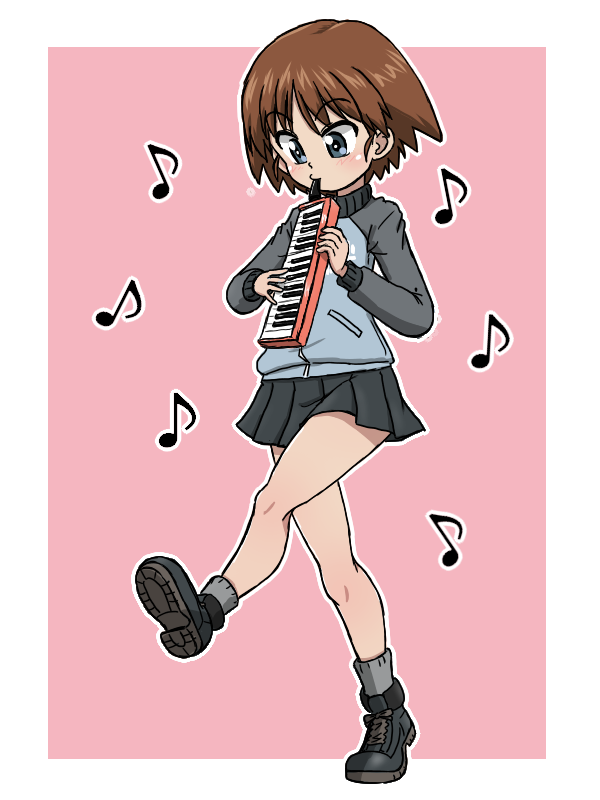 1girl blue_eyes blush brown_hair full_body girls_und_panzer instrument keizoku_school_uniform keyboard_(instrument) melodica sakaguchi_karina school_uniform short_hair simple_background solo takahashi_kurage
