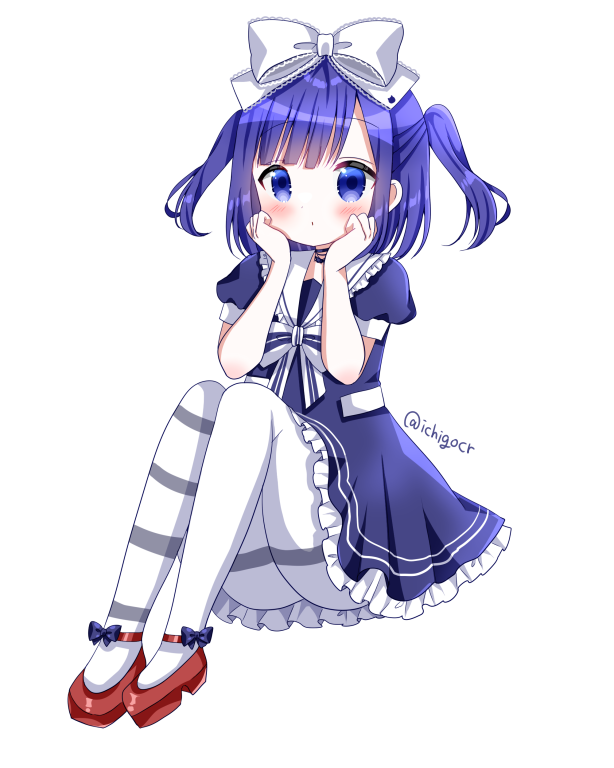 1girl asymmetrical_legwear blue_dress blue_eyes blue_hair bow chocolat_(momoiro_piano) commentary_request dress frilled_dress frilled_sailor_collar frills fuiba_fuyu full_body gochuumon_wa_usagi_desu_ka? hair_bow knees_up mismatched_legwear pantyhose puffy_short_sleeves puffy_sleeves red_shoes sailor_collar sailor_dress shoes short_sleeves simple_background sitting solo striped_bow striped_clothes striped_pantyhose twitter_username two_side_up white_background white_bow white_sailor_collar