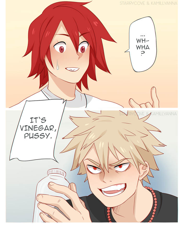 2boys artist_collaboration bakugou_katsuki bead_necklace beads black_shirt blonde_hair boku_no_hero_academia bottle comic commentary confused english_commentary english_text hair_between_eyes insult jewelry kamillyanna kirishima_eijirou long_bangs looking_at_another male_focus multiple_boys necklace open_mouth red_eyes red_hair segmented_comic sharp_teeth shirt short_hair smile spiked_hair starrycove sweatdrop t-shirt teeth upper_body vine_(company) vinegar_(condiment) water_bottle white_shirt