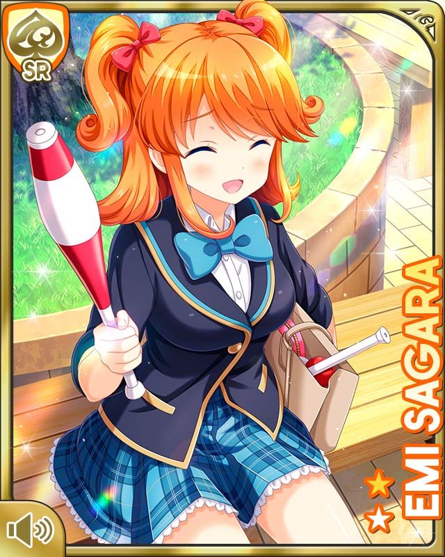 1girl :d bag bench blue_bow blue_eyes boots bow bowtie character_name closed_eyes girlfriend_(kari) hair_bow hair_ribbon holding juggling_club medium_hair official_art open_mouth orange_hair plaid_clothes plaid_skirt pleated_skirt qp:flapper red_bow ribbon sagara_emi school_uniform sitting skirt smile solo tagme two_side_up wooden_bench