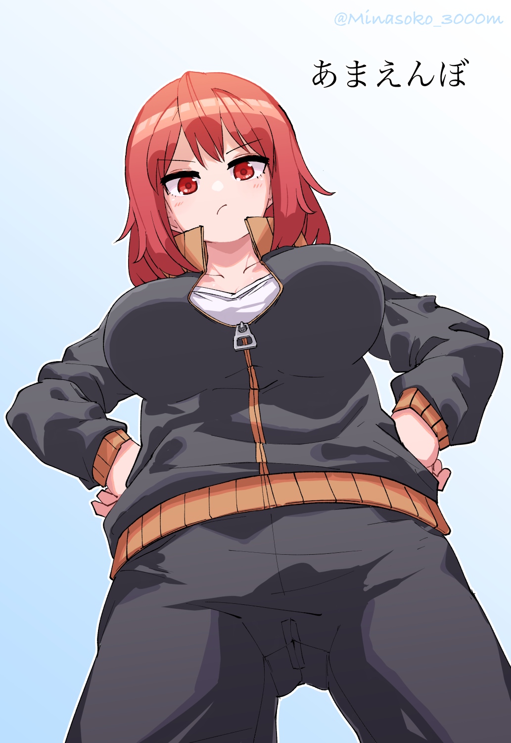 1girl artist_name black_pants black_track_suit breasts from_below frown gradient_background hands_on_own_hips highres kagami_(summer_memories) medium_breasts minasoko_3000m pants red_eyes red_hair solo summer_memories track_suit zipper