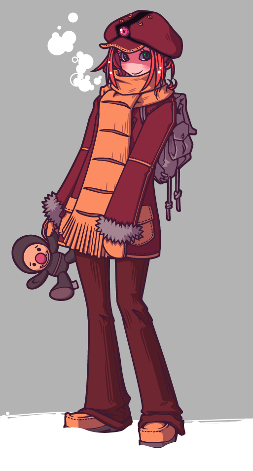 acguy acguy_(cosplay) akahana backpack bag beret blush brown_hat brown_jacket brown_pants bubble camera cherri_cherri chibi cosplay full_body fur-trimmed_jacket fur_trim green_eyes grey_fur gundam hat jacket legs_apart loafers long_scarf long_sleeves looking_at_viewer mecha_musume mittens mobile_suit_gundam mono-eye orange_mittens orange_scarf pants pocket red_hair scarf shoes short_hair smile standing steam stuffed_toy tag
