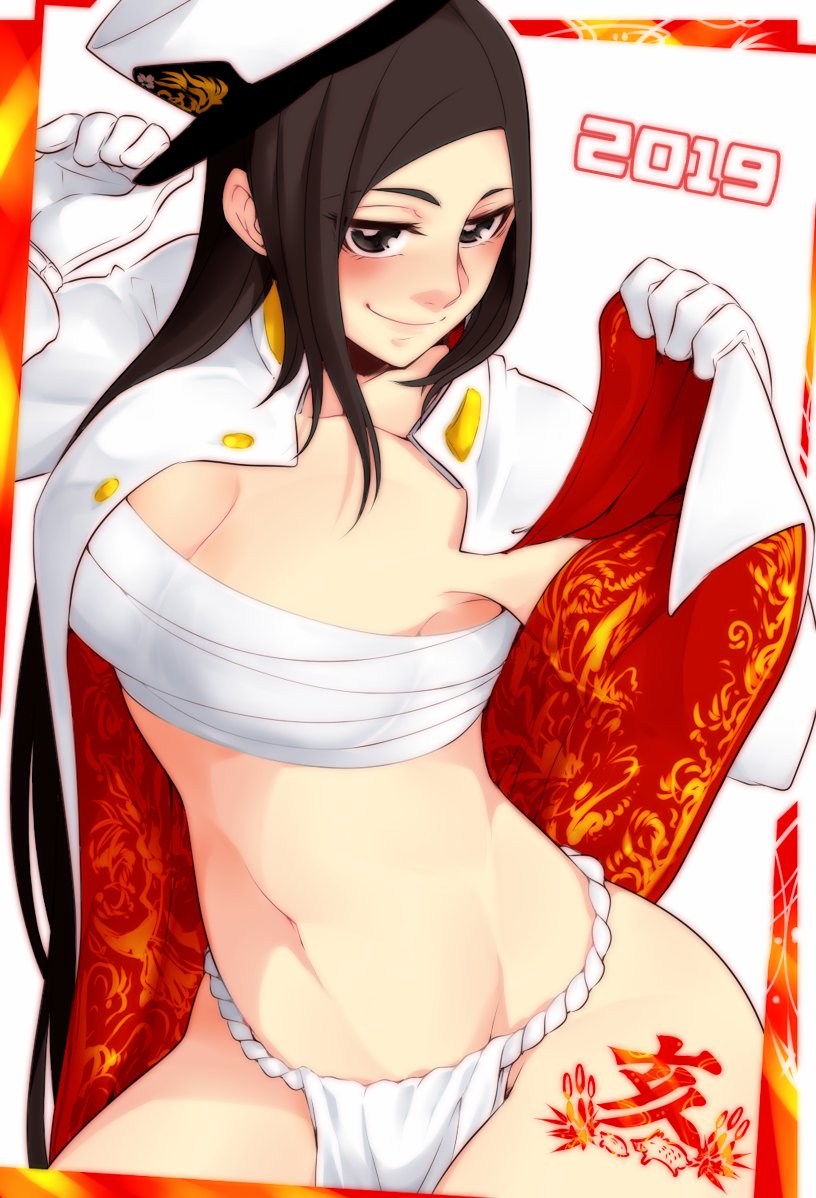 1girl 2019 blush breasts brown_eyes brown_hair budget_sarashi cleavage commentary_request cowboy_shot female_admiral_(kancolle) female_focus fundoshi gloves hat jacket japanese_clothes kantai_collection long_hair looking_at_viewer medium_breasts navel neko_majin no_pants open_clothes open_jacket peaked_cap pig ponytail sarashi sidelocks smile solo tattoo translation_request white_background white_gloves