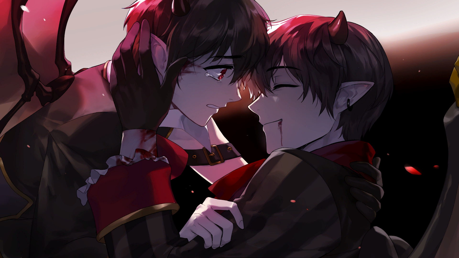 2boys artist_request black_coat black_gloves blood brothers check_artist closed_mouth coat cyril_(tevi) demon_boy demon_wings dying ear_piercing ein_lee game_cg gloves hand_on_another's_head highres looking_at_another male_focus multiple_boys non-web_source parted_lips piercing pointy_ears red_eyes sable_(tevi) siblings spoilers tearing_up tevi wings yellow_eyes