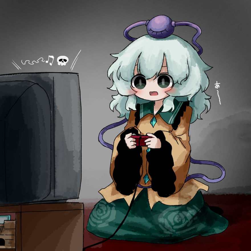 1girl blush buttons carpet commentary_request contrast_collar controller crt diamond_button floral_print frilled_shirt_collar frills full_body game_controller green_eyes green_hair green_skirt grey_background heripantomorrow holding holding_controller holding_game_controller indoors komeiji_koishi long_sleeves looking_at_screen medium_hair no_headwear open_mouth print_skirt rose_print shirt sitting skirt solo third_eye touhou translation_request wide_sleeves yellow_shirt
