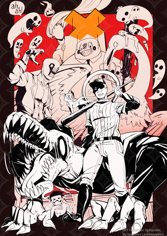 1girl add-on_(off) bad_batter bare_shoulders baseball_bat baseball_cap baseball_jersey baseball_uniform beak bird black_blood black_hair bleeding blood blood_splatter cat dedan_(off) dress elsen_(off) enoch_(off) face_in_shadow faceless faceless_female fat fat_man fingernails floating_crown ghost hat heart holding holding_baseball_bat jacket japhet jersey long_hair long_sleeves multiple_boys multiple_others necktie off_(game) outside_border pants partially_colored sharp_fingernails sharp_teeth shirt short_hair short_sleeves skull_head smile spectre_(off) sportswear sygdom teeth the_batter_(off) the_judge_(off) the_queen_(off) topless_male v valerie_(off) watermark wings zacharie_(off)