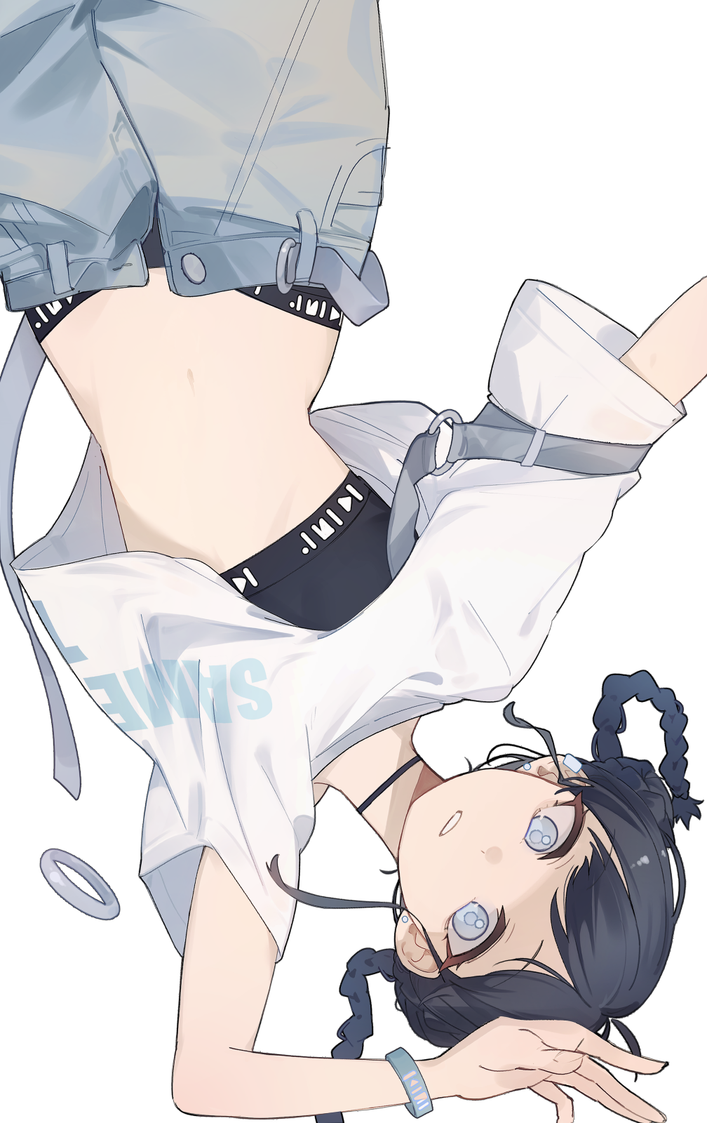 1girl ahoge arm_belt arm_up bangle belt black_choker black_hair black_panties black_sports_bra bracelet braid bun_with_braided_base choker clothes_writing commentary cowboy_shot crop_top cropped_shirt double_bun earclip earrings floating_clothes floating_hair grey_belt grey_eyes grey_pants grey_pupils hair_bun hand_on_own_head highres jewelry kamatpit looking_at_viewer navel open_belt open_fly open_mouth open_pants original outstretched_arm panties pants panty_peek parted_bangs shirt short_sleeves simple_background solo sports_bra stomach twin_braids underwear upside-down white_background white_shirt