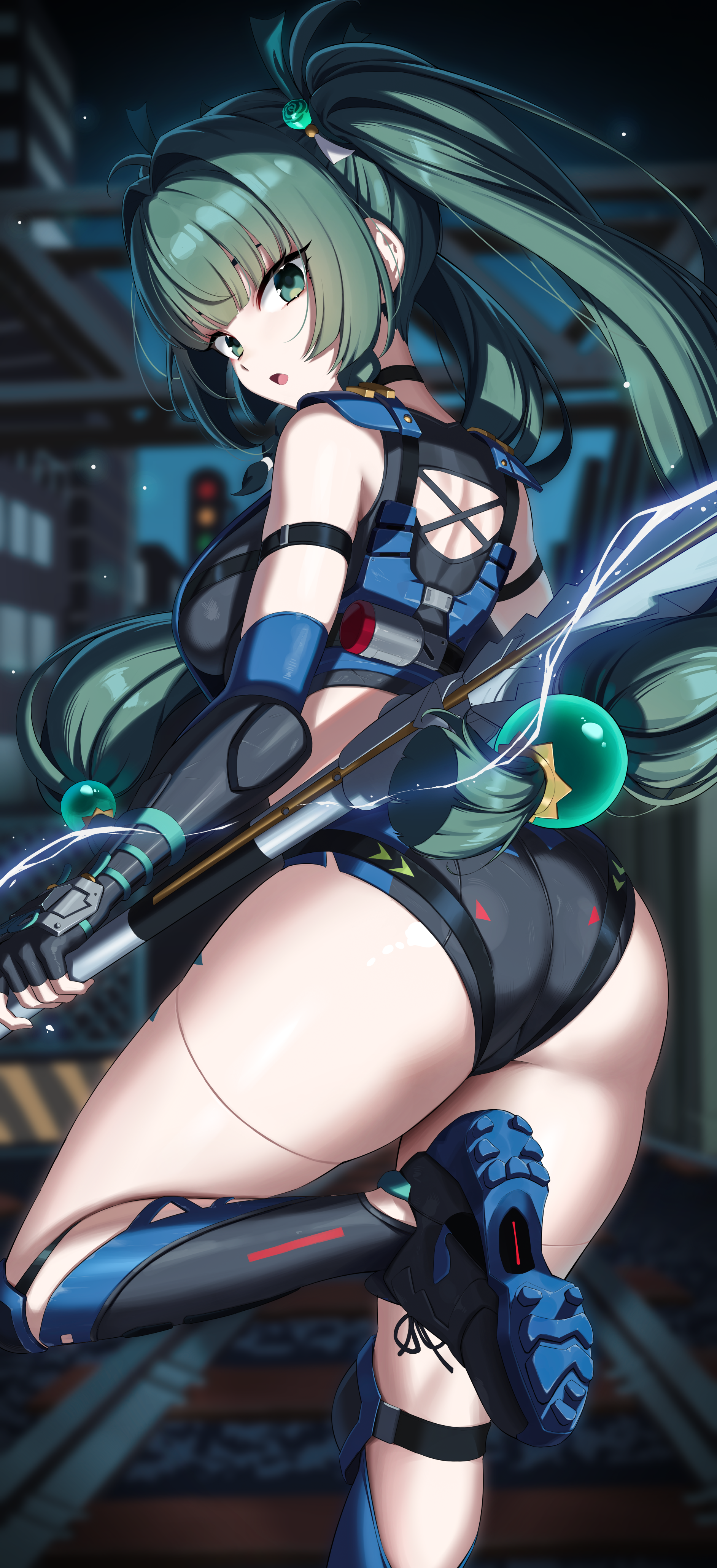 1girl :o absurdres ass bare_shoulders black_gloves breasts elbow_gloves fingerless_gloves foot_out_of_frame gloves green_eyes green_hair hair_ornament highres holding holding_weapon kook large_breasts legs long_hair looking_at_viewer looking_back open_mouth qingyi_(zenless_zone_zero) sideboob standing standing_on_one_leg thick_thighs thighs twintails weapon zenless_zone_zero