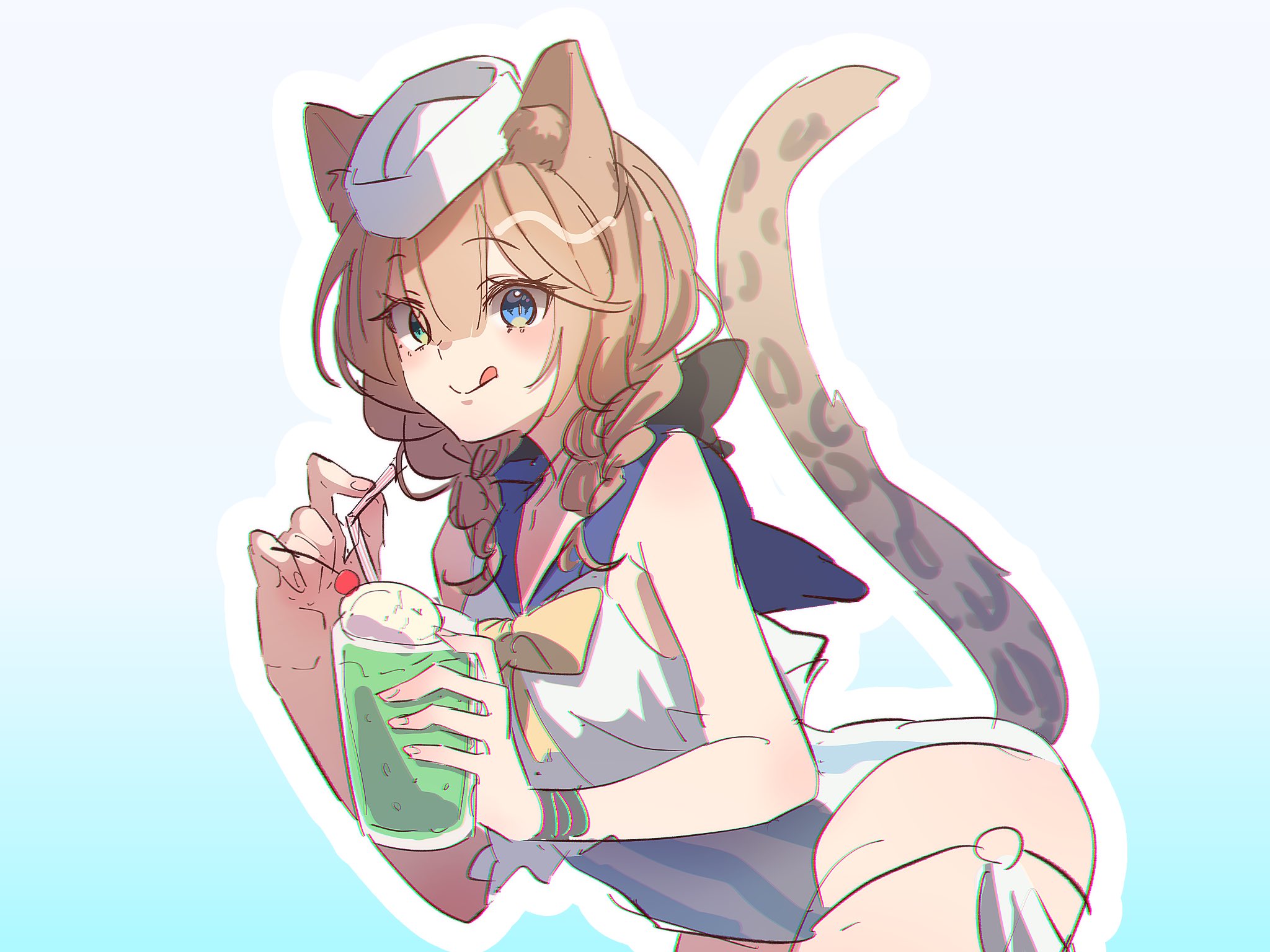 1girl animal_ear_fluff animal_ears blue_background blue_eyes bow bowtie braid brown_hair cat_ears cat_girl cat_tail cup dmr_pic green_eyes hair_between_eyes hat heterochromia highres holding holding_cup honkai_(series) honkai_impact_3rd official_alternate_costume one-piece_swimsuit pardofelis short_hair solo striped_clothes striped_one-piece_swimsuit swimsuit tail thighs tongue tongue_out twin_braids vertical-striped_clothes vertical-striped_one-piece_swimsuit white_hat white_one-piece_swimsuit yellow_bow yellow_bowtie