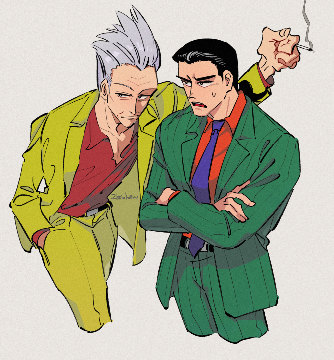 2boys belt black_belt blazer cigarette closed_mouth collared_shirt commentary_request cowboy_shot cropped_legs crossed_arms formal_clothes gin_to_kin green_jacket green_pants grey_background grey_hair hair_slicked_back hand_in_pocket hirai_ginji holding holding_cigarette inudori jacket looking_afar low_ponytail male_focus morita_tetsuo multiple_boys necktie old old_man open_mouth orange_shirt pants ponytail purple_necktie red_shirt shirt short_hair simple_background smoke spiked_hair suit yellow_jacket yellow_pants