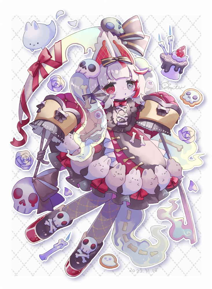 1girl animal_ears bone bone_hair_ornament boots bow cake candle cat_ears chocolate creature dress food frilled_dress frills fruit full_body ghost ghost_tail hair_bow hair_ornament holding holding_scythe holding_skull long_hair long_sleeves looking_at_viewer multicolored_eyes original red_bow red_dress red_ribbon ribbon scythe simple_background skull skull_hair_ornament sleeves_past_fingers sleeves_past_wrists solo sorata123 strawberry translucent_hair twintails white_hair wide_sleeves