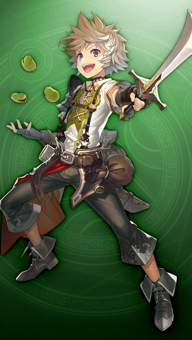 1boy beans black_gloves black_pants black_shoes blue_eyes copyright_notice fingerless_gloves full_body game_cg gaou_(umaiyo_puyoman) gloves green_background grey_hair grimms_notes holding holding_sword holding_weapon jack_(grimms_notes) jack_(original)_(grimms_notes) male_focus non-web_source open_mouth pants shirt shoes short_hair short_sleeves sword upper_body weapon white_shirt