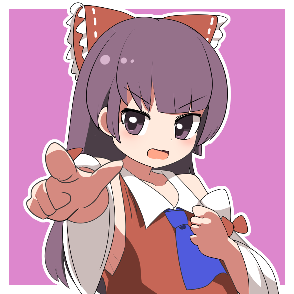 1other androgynous ascot blue_ascot blunt_bangs blush bow censored collared_shirt commentary_request cookie_(touhou) detached_sleeves frilled_bow frills hair_bow hakurei_reimu lets0020 long_hair looking_at_viewer mugi_(cookie) open_mouth outline pointless_censoring purple_background purple_eyes purple_hair red_bow red_shirt shirt sleeve_bow sleeveless sleeveless_shirt touhou two-tone_background upper_body v-shaped_eyebrows white_background white_outline white_sleeves