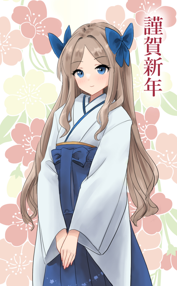 1girl asakaze_(kancolle) blue_bow blue_eyes blue_hakama blue_kimono bow commentary_request floral_background forehead hair_bow hakama japanese_clothes kantai_collection kimono kitagawa_mikio long_hair looking_at_viewer meiji_schoolgirl_uniform nengajou new_year parted_bangs smile solo v_arms wavy_hair