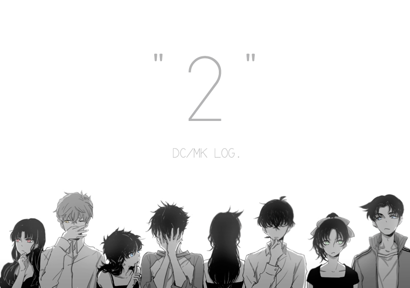 4boys 4girls bad_id bad_pixiv_id dolldagga closed_eyes hakuba_saguru hattori_heiji koizumi_akako kudou_shin&#039;ichi kuroba_kaito long_hair magic_kaito meitantei_conan monochrome mouri_ran multiple_boys multiple_girls nakamori_aoko one_eye_closed ponytail shita_(kagaku_to_jougaku_to_no_butsurihoudai) short_hair spot_color tooyama_kazuha wink