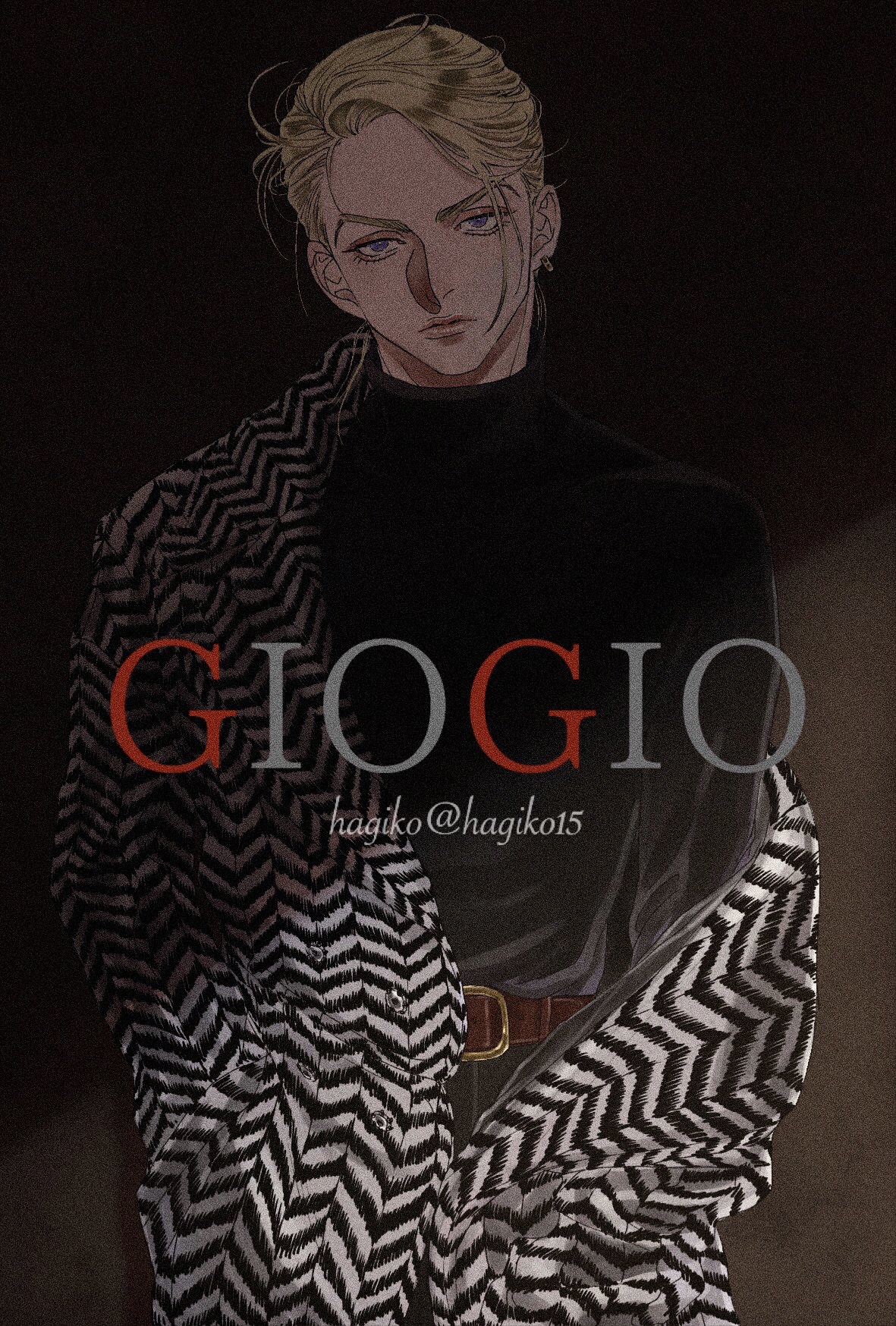 1boy aegyo_sal artist_name black_shirt blonde_hair blue_eyes closed_mouth coat copyright_name cowboy_shot earrings eyeshadow film_grain fur_coat hagiko15 hand_in_pocket head_tilt highres jewelry jojo_no_kimyou_na_bouken lips makeup male_focus prosciutto shirt shirt_tucked_in short_hair single_earring single_off_shoulder solo twitter_username vento_aureo