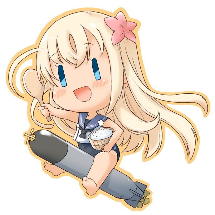 1girl black_neckerchief blonde_hair blue_eyes blue_one-piece_swimsuit blue_sailor_collar chibi crop_top flower full_body fyuo hair_flower hair_ornament kantai_collection long_hair neckerchief ohitsu one-piece_swimsuit rice riding ro-500_(kancolle) sailor_collar sailor_shirt school_swimsuit shamoji shirt simple_background sleeveless sleeveless_shirt smile solo swimsuit swimsuit_under_clothes tan torpedo white_background