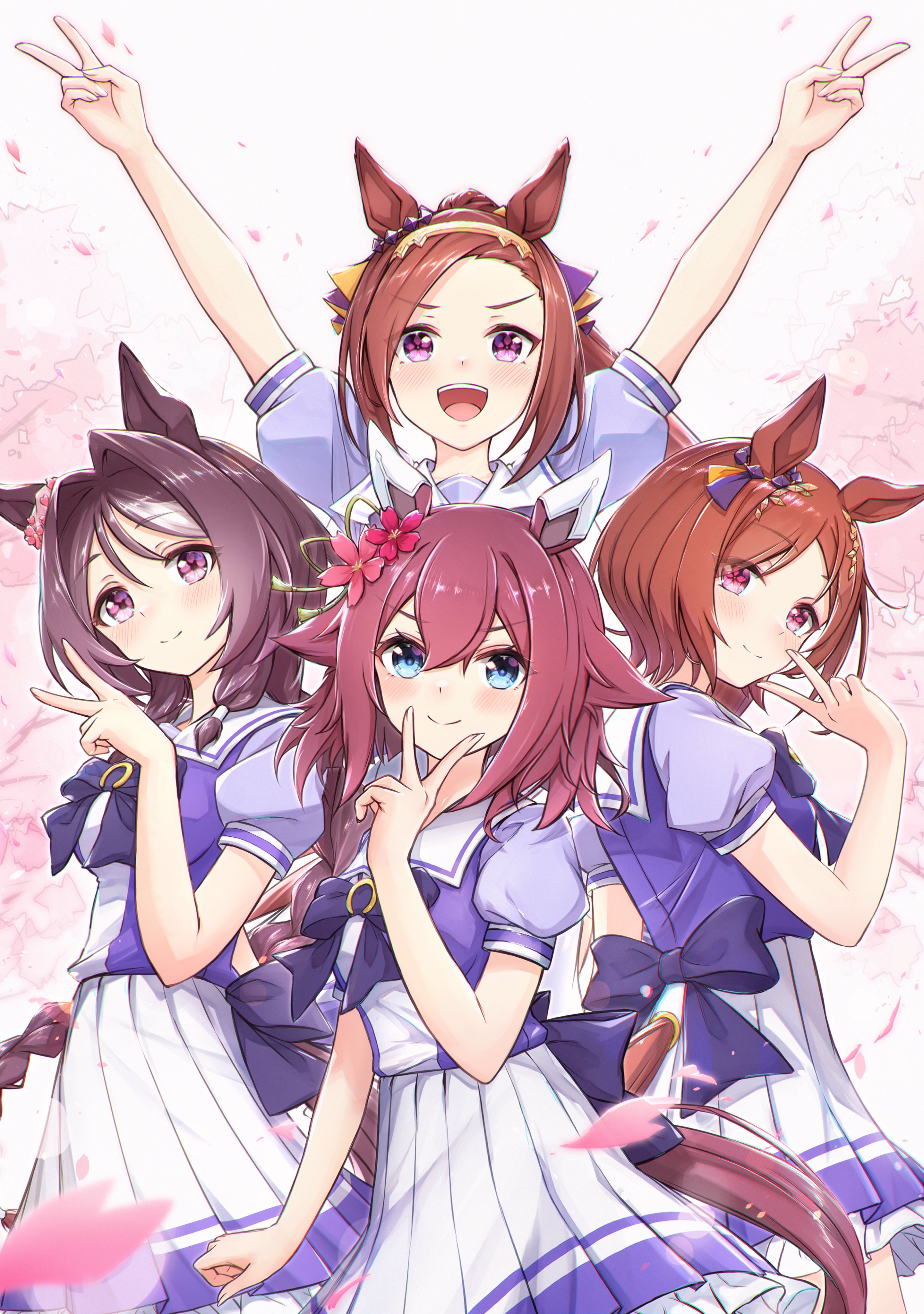 4girls absurdres blue_eyes blush breasts brown_hair cherry_blossoms collarbone commentary_request highres horse_girl long_hair looking_at_viewer medium_breasts medium_hair multiple_girls petals pink_hair sakura_bakushin_o_(umamusume) sakura_chitose_o_(umamusume) sakura_chiyono_o_(umamusume) sakura_laurel_(umamusume) sarasuty school_uniform smile tracen_school_uniform umamusume victory_club_(umamusume)
