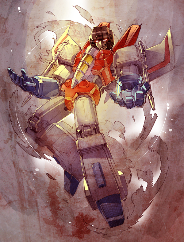 1980s_(style) 1boy decepticon glowing glowing_eyes gun machine machinery male_focus mecha miyako_nagi no_humans oldschool red_eyes retro_artstyle robot smoke solo starscream transformers transformers:_generation_1 weapon zibanitu