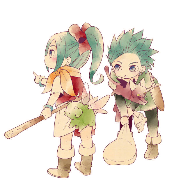 2boys 2girls aged_down aqua_hair bag bat_wings blue_eyes blue_hair boots bracelet bright_pupils brother_and_sister brown_boots camus_(dq11) cane cat child clothes_lift commentary_request convenient_censoring dragon_quest dragon_quest_treasures dragon_quest_xi earrings gold_earrings green_tunic holding holding_cane hoop_earrings im5364 insect_wings jewelry knife_sheath looking_to_the_side maya_(dq11) meowsha_(dqt) multiple_boys multiple_girls orange_scarf parted_bangs pig pointing ponytail profile purple_fur red_vest scarf sheath short_hair siblings single_bang skirt skirt_lift spiked_hair tonbuu_(dqt) tunic vest wardrobe_malfunction white_background white_pupils white_tunic wings