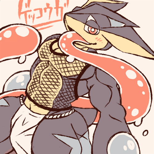 1boy bara blush bow-wow bright_pupils bulge commentary_request fishnet_top fishnets gen_6_pokemon greninja grey_background long_tongue looking_at_viewer lowres male_focus muscular muscular_male nintendo open_mouth pectorals pokemon pokemon_(creature) red_eyes simple_background solo tongue translation_request very_long_tongue white_pupils