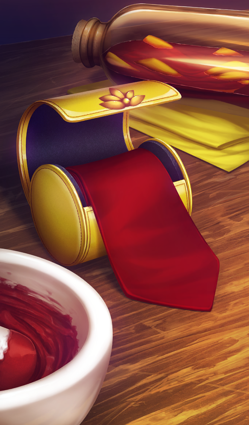bottle commentary corked_bottle fate/grand_order fate_(series) in_container mortar_(bowl) necktie no_humans object_focus official_art pestle red_necktie still_life teraba_tadahito third-party_source unworn_necktie