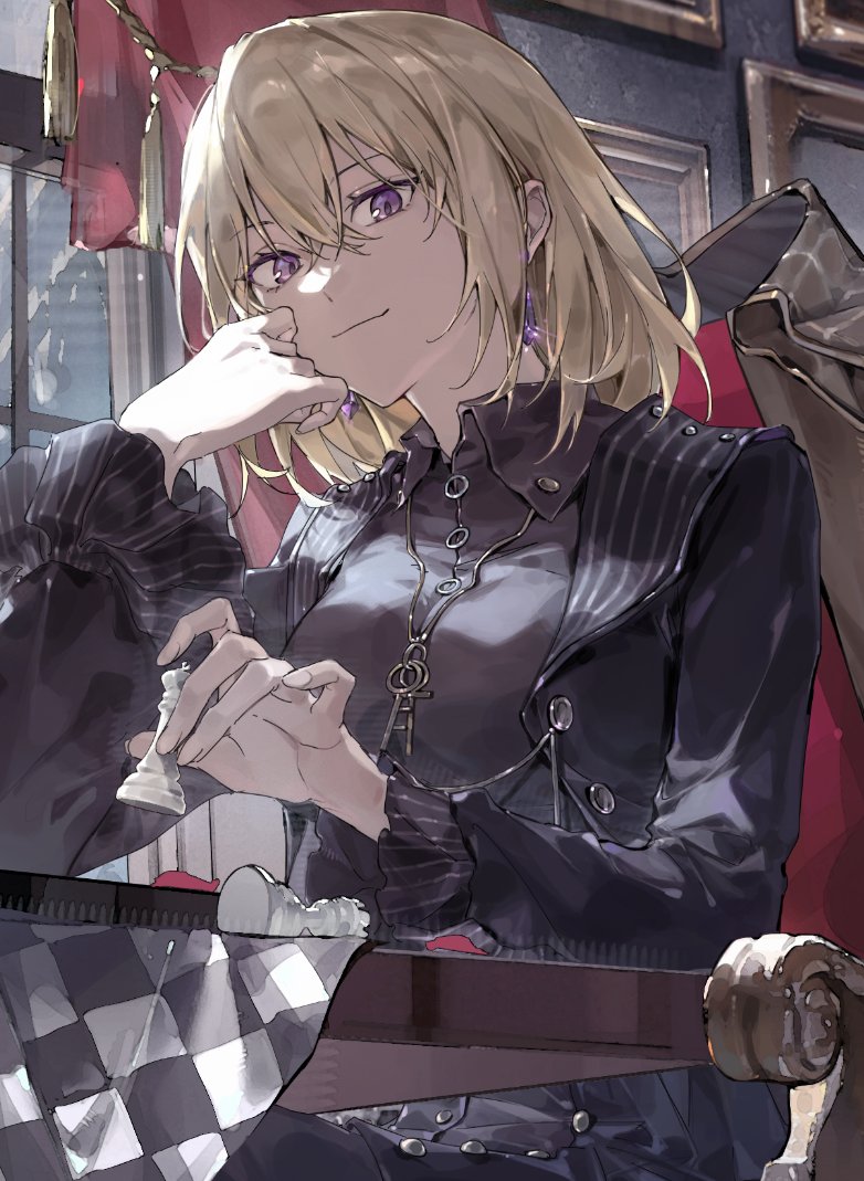 1girl bang_dream! bang_dream!_it&#039;s_mygo!!!!! black_jacket black_shirt blonde_hair chair chess_piece closed_mouth collared_shirt earrings hair_between_eyes holding holding_chess_piece indoors jacket jewelry long_sleeves looking_at_viewer migan misumi_uika necklace picture_frame purple_eyes shirt sitting solo