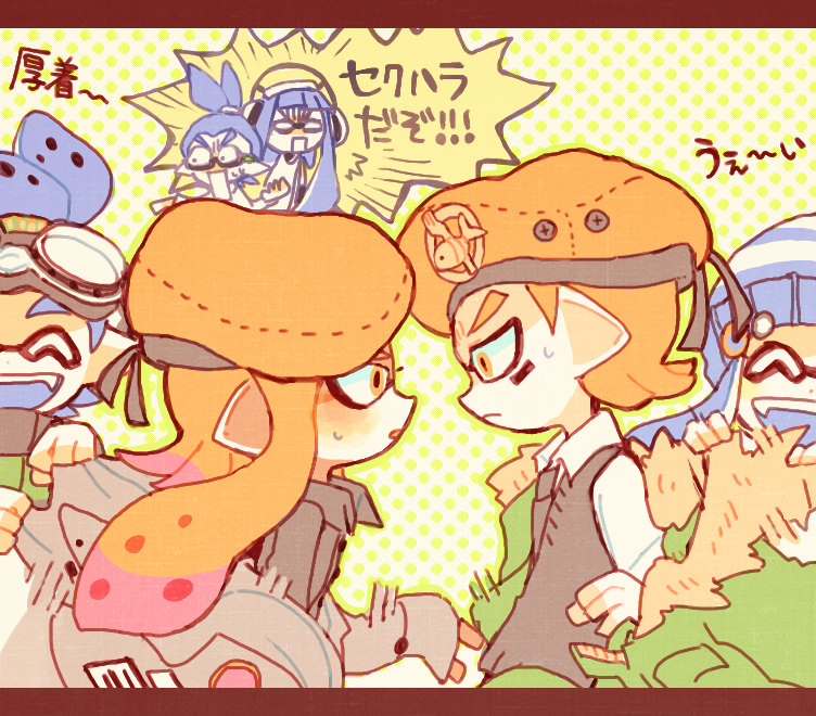 3boys 3girls :d ^_^ army-kun_(splatoon) beret blue_hair bobble-chan_(splatoon) pom_pom_beanie closed_eyes commentary_request emblem facepaint fish forge-chan_(splatoon) glasses-kun_(splatoon) goggle-kun_(splatoon) goggles goggles_on_head hat headphone-chan_(splatoon) inkling_player_character jacket kappaman multiple_boys multiple_girls nintendo open_mouth orange_eyes orange_hair pointy_ears smile splatoon_(manga) splatoon_(series) surprised tentacle_hair translation_request unworn_jacket