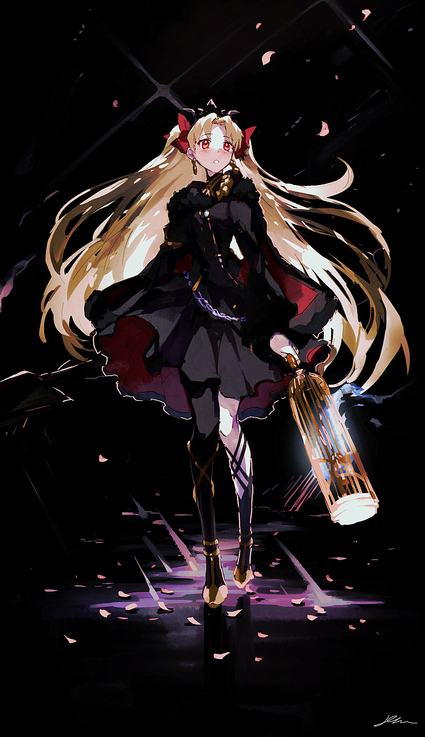 1girl black_dress black_legwear blonde_hair blush cage domu_(hamadura) dress earrings ereshkigal_(fate) ereshkigal_(third_ascension)_(fate) fate/grand_order fate_(series) full_body fur_trim highres jewelry long_hair parted_lips red_eyes solo two_side_up