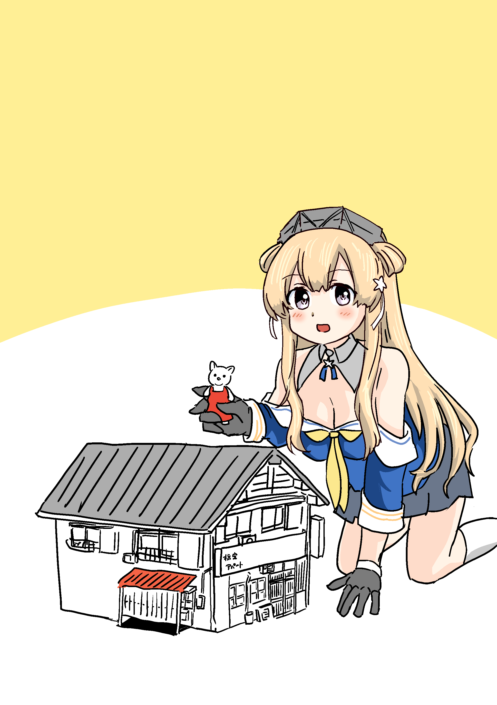 1girl absurdres all_fours black_gloves black_skirt blonde_hair blue_shirt breasts cleavage commentary_request detached_collar doll_house double_bun fletcher_(kancolle) fletcher_mk_ii_(kancolle) gloves hair_bun hair_ornament headgear highres kantai_collection long_hair looking_at_viewer madmag1990 medium_breasts neckerchief pleated_skirt purple_eyes sailor_collar sailor_shirt school_uniform serafuku shirt skirt smile socks solo star_(symbol) star_hair_ornament toy white_sailor_collar white_socks yellow_neckerchief