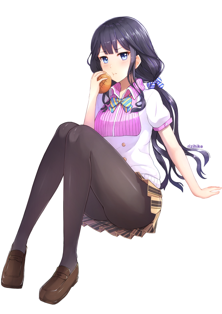 10s 1girl :t adagaki_aki arm_support ass black_hair black_pantyhose blue_eyes blush bread breasts eating female_focus food full_body legs loafers long_hair long_legs looking_at_viewer low_twintails masamune-kun_no_revenge pantyhose plaid_clothes plaid_skirt rizihike school_uniform shoes sitting skirt solo thighs twintails white_background