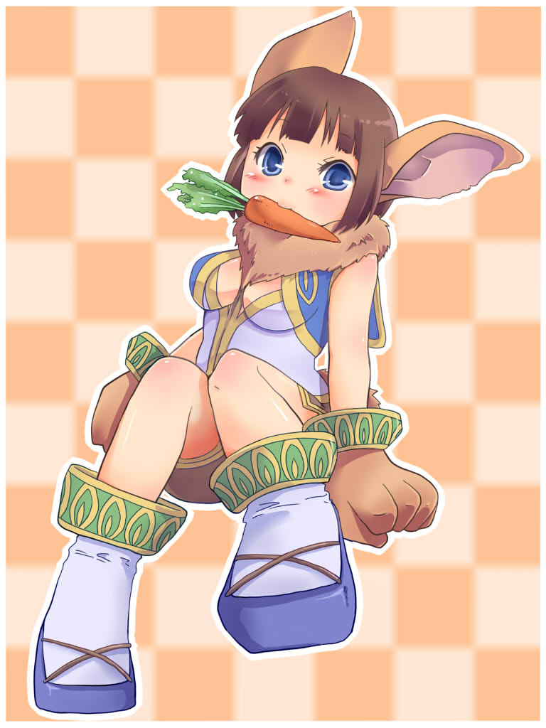 1girl animal_ears animal_hands blue_eyes blush boots breasts breasts_apart brown_hair carrot checkered_background chrono_(series) chrono_cross cleavage_cutout clothing_cutout female_focus full_body fur janice_(chrono_cross) mouth_hold rabbit_ears rabbit_tail short_hair sitting solo suxu3bluebell tail
