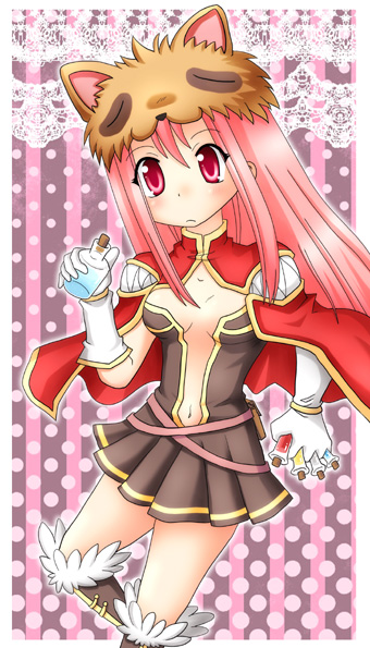1girl blush boots breasts brown_boots brown_dress cape closed_mouth commentary_request creator_(ragnarok_online) dress expressionless feet_out_of_frame fur-trimmed_boots fur_trim gloves holding holding_vial long_hair looking_at_viewer medium_breasts meruya_(catcan) navel pink_background pink_hair plunging_neckline potion raccoon_hat ragnarok_online red_cape red_eyes short_dress solo vial white_gloves