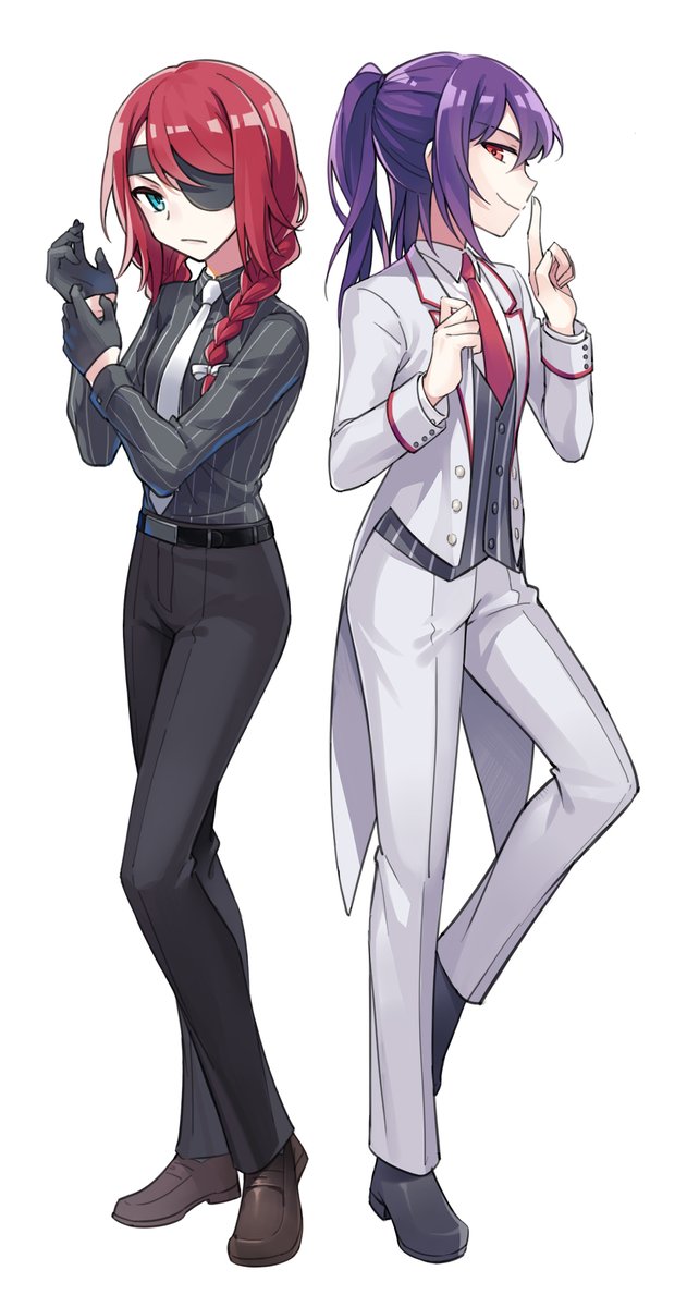 2girls adjusting_clothes adjusting_gloves bang_dream! belt black_footwear black_gloves black_pants black_shirt black_vest blue_eyes braid brown_footwear coattails collared_shirt eyepatch finger_to_mouth formal_clothes frown full_body gloves half_gloves half_updo highres index_finger_raised jacket loafers long_sleeves looking_at_viewer multiple_girls nashi_(tidal0414) necktie pants pinstripe_pattern pinstripe_shirt pinstripe_vest purple_hair red_eyes red_hair red_neckwear seta_kaoru shirt shoes sidelocks simple_background smile standing striped suit twin_braids udagawa_tomoe vest white_background white_jacket white_pants white_suit