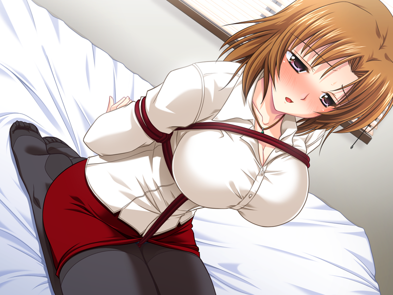 13cc 1girl bdsm bed blush bondage bound breasts brown_hair female_focus game_cg huge_breasts kneeling large_breasts love_bind miniskirt pantyhose rope shibari shibasaki_nozomi shirt short_hair skirt solo teacher window