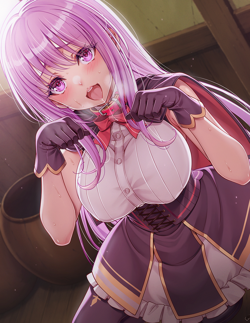 1girl blush breasts cape dress gloves hair_between_eyes highres ikeda_yasuhiro indoors large_breasts long_hair looking_at_viewer open_mouth original paw_pose pink_eyes pink_hair purple_cape purple_gloves purple_skirt skirt smile solo tongue tongue_out white_dress