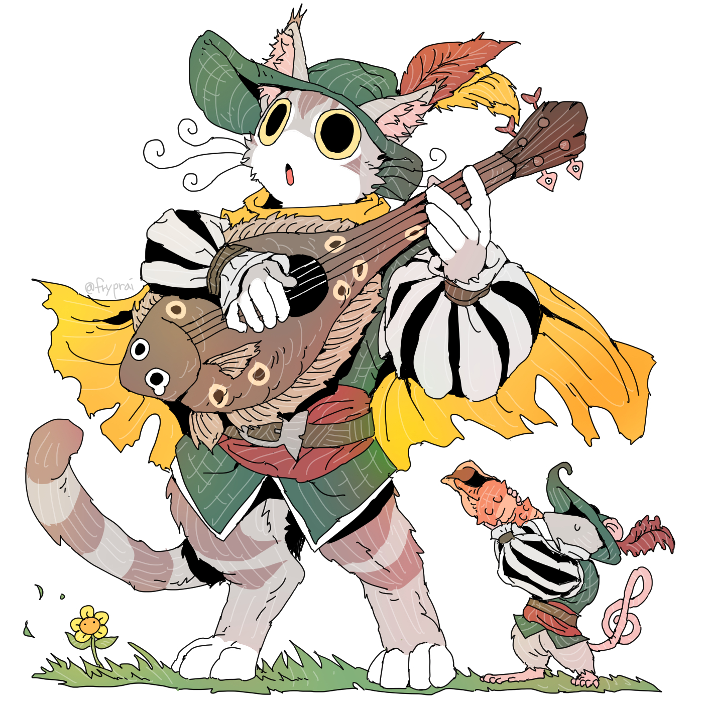 animal bard cape cat closed_eyes commentary conch english_commentary fantasy fish floating_cape flounder flower fryprai full_body grass green_hat green_tunic hat highres holding holding_instrument instrument long_sleeves mouse_(animal) music open_mouth original playing_instrument plume puffy_long_sleeves puffy_sleeves simple_background standing tabby_cat torn_cape torn_clothes treble_clef tunic whiskers white_background yellow_cape yellow_flower