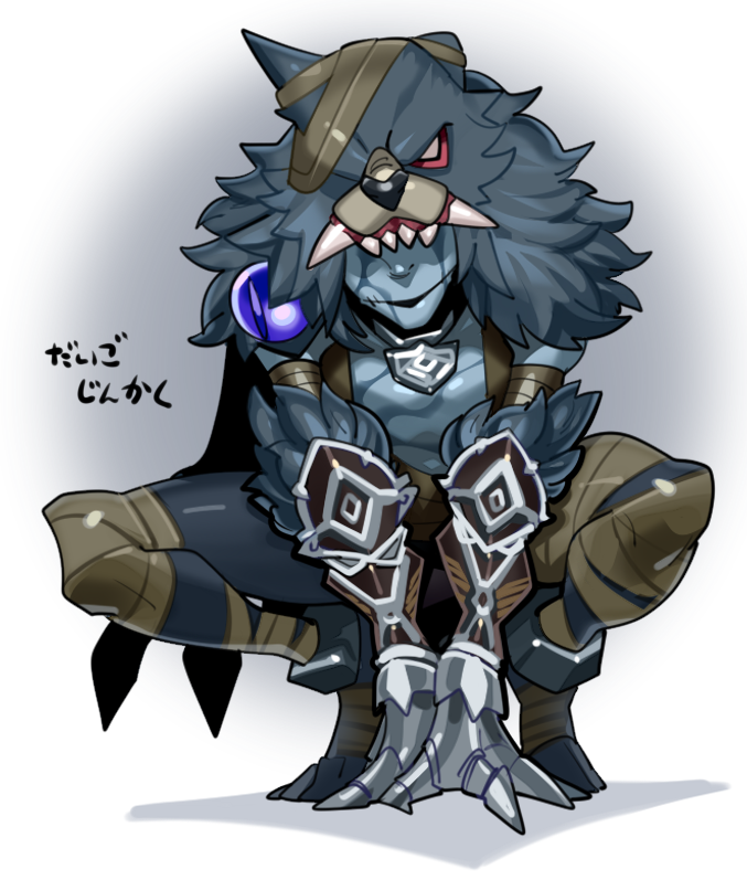 1boy black_pants blue_skin colored_skin covered_eyes full_body gauntlets identity_v male_focus naib_subedar pants parted_lips pelt sido_(slipknot) solo squatting stitched_mouth stitches toned toned_male translation_request white_background