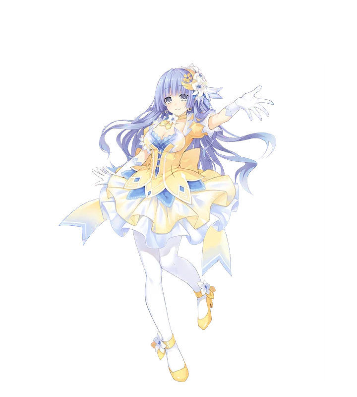 1girl blue_eyes blue_hair breasts cleavage crescent crescent_hair_ornament date_a_live date_a_live:_spirit_pledge dress elbow_gloves flower full_body gloves hair_between_eyes hair_flower hair_ornament izayoi_miku long_hair looking_at_viewer medium_breasts official_art open_mouth pantyhose smile solo tachi-e third-party_source white_pantyhose yellow_dress