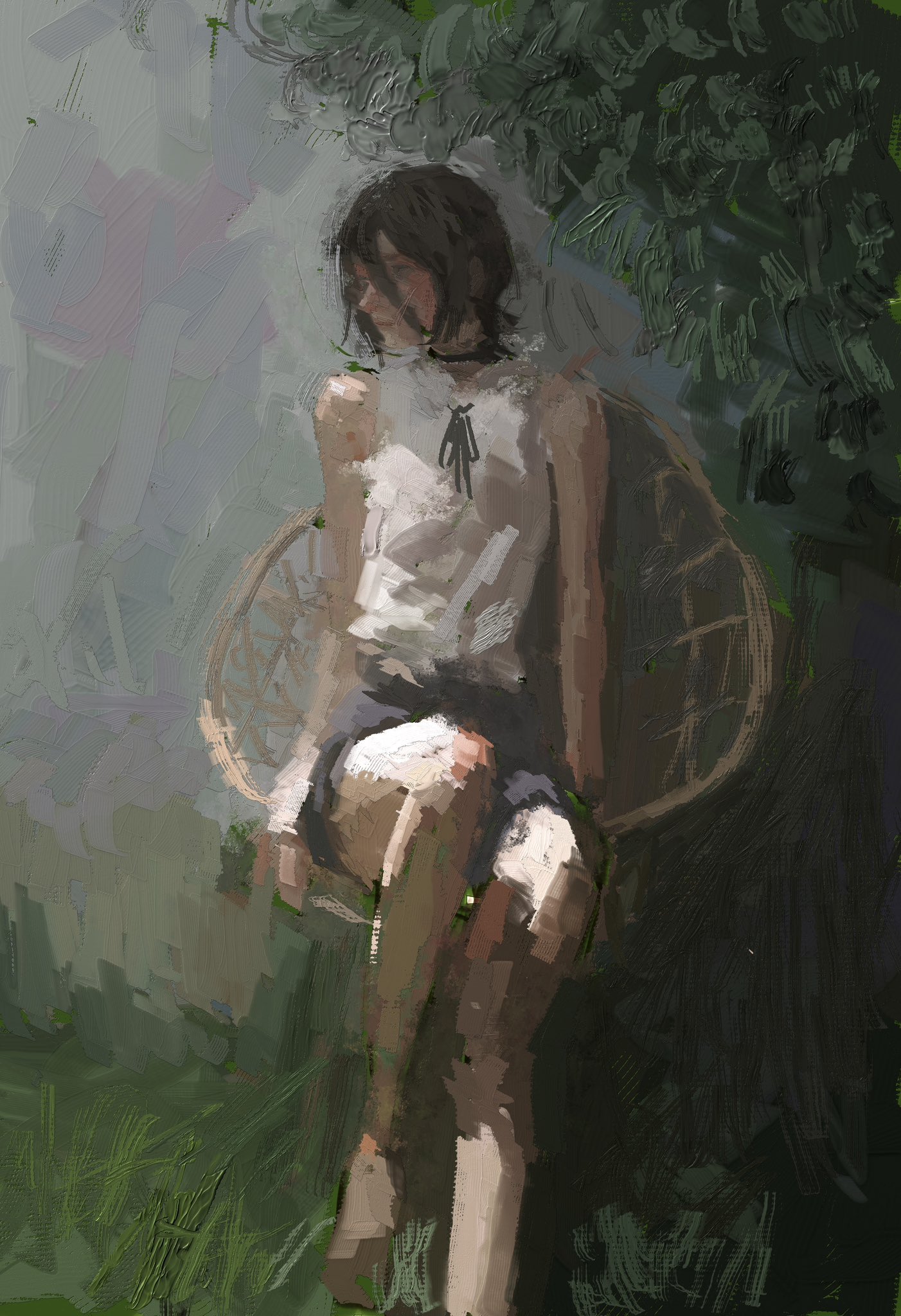 1girl black_hair black_shorts chainsaw_man fuyumurasaki hair_between_eyes highres reze_(chainsaw_man) shade shirt shorts sitting sleeveless sleeveless_shirt solo white_shirt