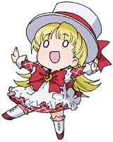 1girl :d ashita_no_nadja bad_source blonde_hair bow bowtie chibi chibi_only commentary_request dress full_body hat long_hair long_sleeves lowres maso_(ascii_art) nadja_applefield no_nose o_o open_mouth outstretched_arms red_bow red_bowtie simple_background smile solo spread_arms white_background white_dress white_hat