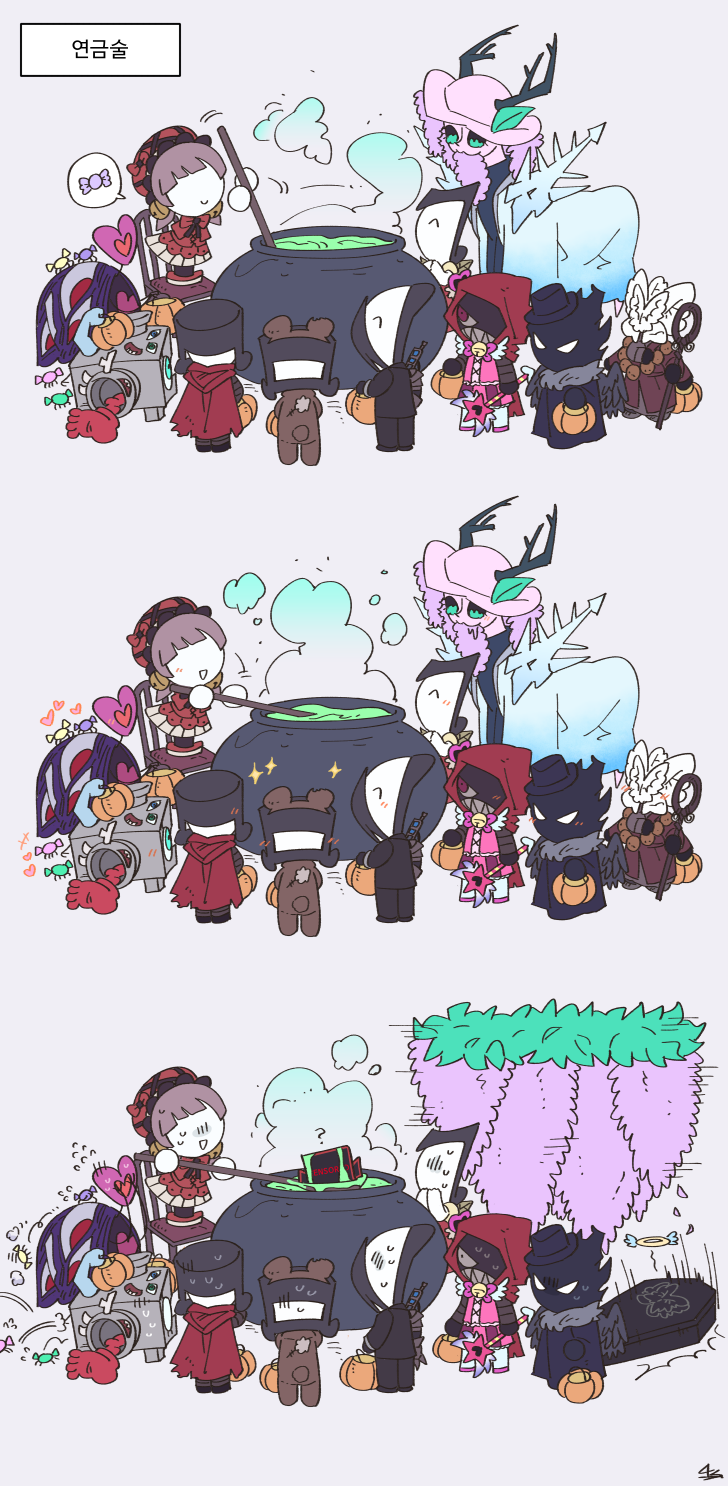 1girl 2boys 5others alriune baral_(project_moon) baral_(project_moon)_(cosplay) blue_cape candy cape cauldron censored_(project_moon) closed_mouth clouded_monk clouded_monk_(cosplay) coffin colored_skin cooking cosplay der_freischuetz_(project_moon) food force_(4sk_force) full_body halloween happy_teddy_bear happy_teddy_bear_(cosplay) highres hood hood_down hooded_sweater korean_text laetitia_(project_moon) laetitia_(project_moon)_(cosplay) little_red_riding_hooded_mercenary little_red_riding_hooded_mercenary_(cosplay) lobotomy_corporation multiple_boys multiple_others no_humans nothing_there nothing_there_(cosplay) plague_doctor_(project_moon) plague_doctor_(project_moon)_(cosplay) project_moon queen_of_hatred queen_of_hatred_(cosplay) red_cape simple_background singing_machine smile snow_queen_(project_moon) snow_queen_(project_moon)_(cosplay) sparkle spider_bud spider_bud_(cosplay) stirring sweater translation_request white_background white_skin