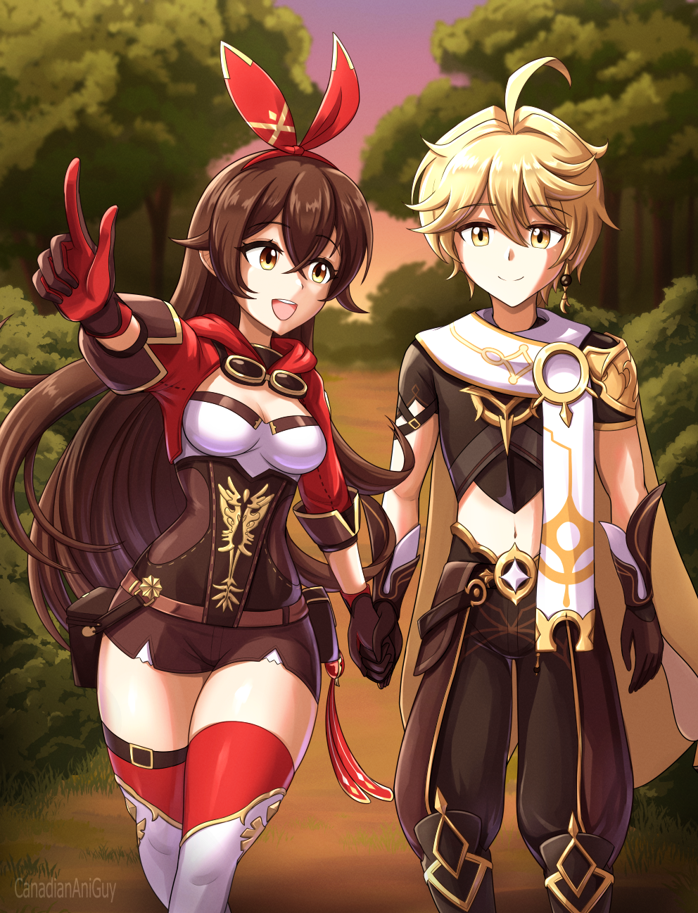1boy 1girl aether_(genshin_impact) ahoge amber_(genshin_impact) armor blonde_hair breasts brown_gloves brown_hair brown_pants brown_shirt brown_shorts canadiananiguy cleavage commentary commission corset cowboy_shot crop_top cropped_shirt english_commentary genshin_impact gloves goggles goggles_around_neck hair_ribbon highres holding_hands long_hair medium_breasts navel open_mouth outdoors pants red_gloves red_ribbon red_shrug ribbon scarf shirt short_shorts shorts shoulder_armor shrug_(clothing) thighs two-sided_gloves vambraces white_scarf white_shirt yellow_eyes