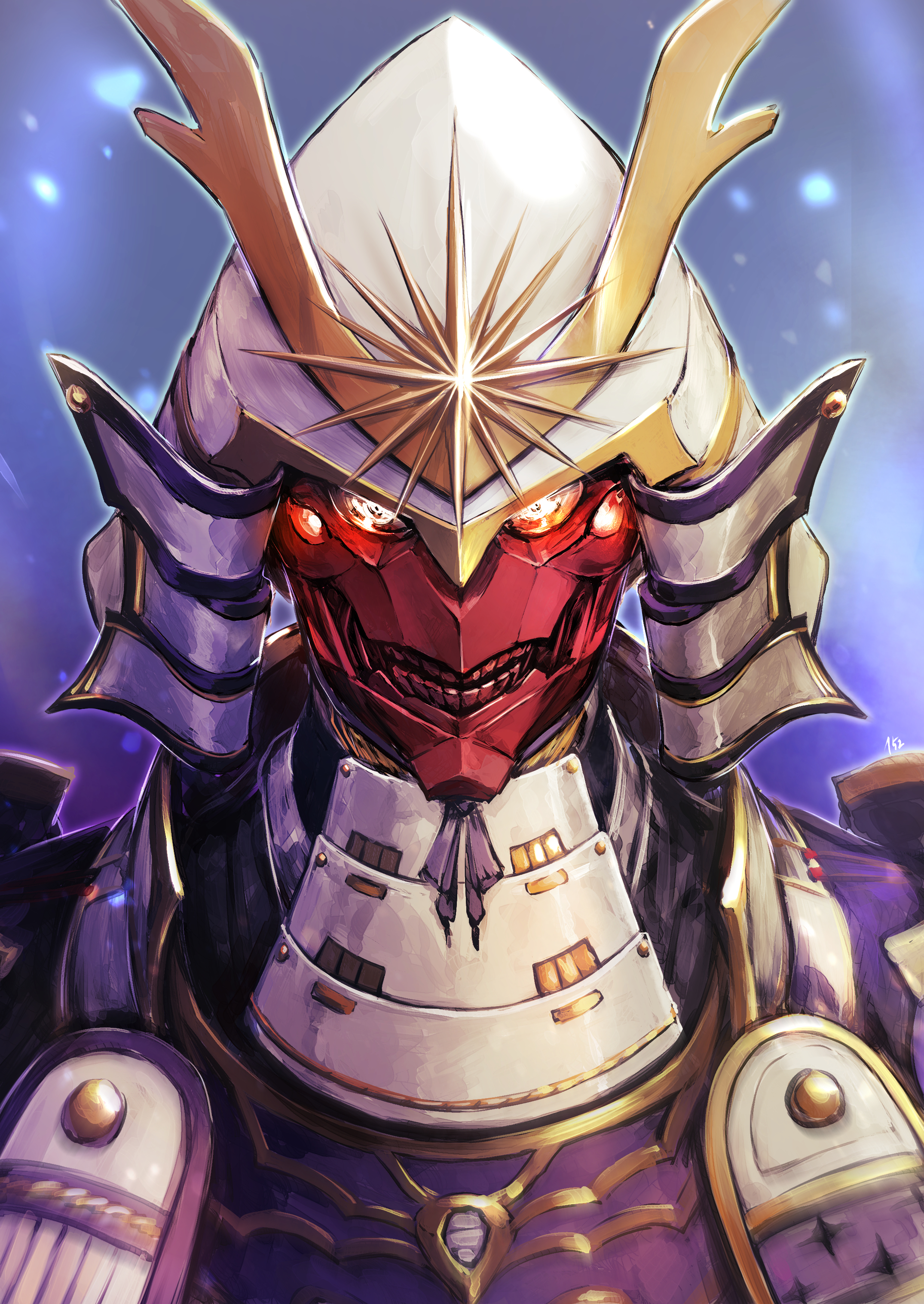 152_in_can 1boy absurdres armor fate/samurai_remnant fate_(series) glowing glowing_eyes helmet highres japanese_armor kabuto_(helmet) male_focus mask portrait red_mask rogue_saber_(fate/samurai_remnant)