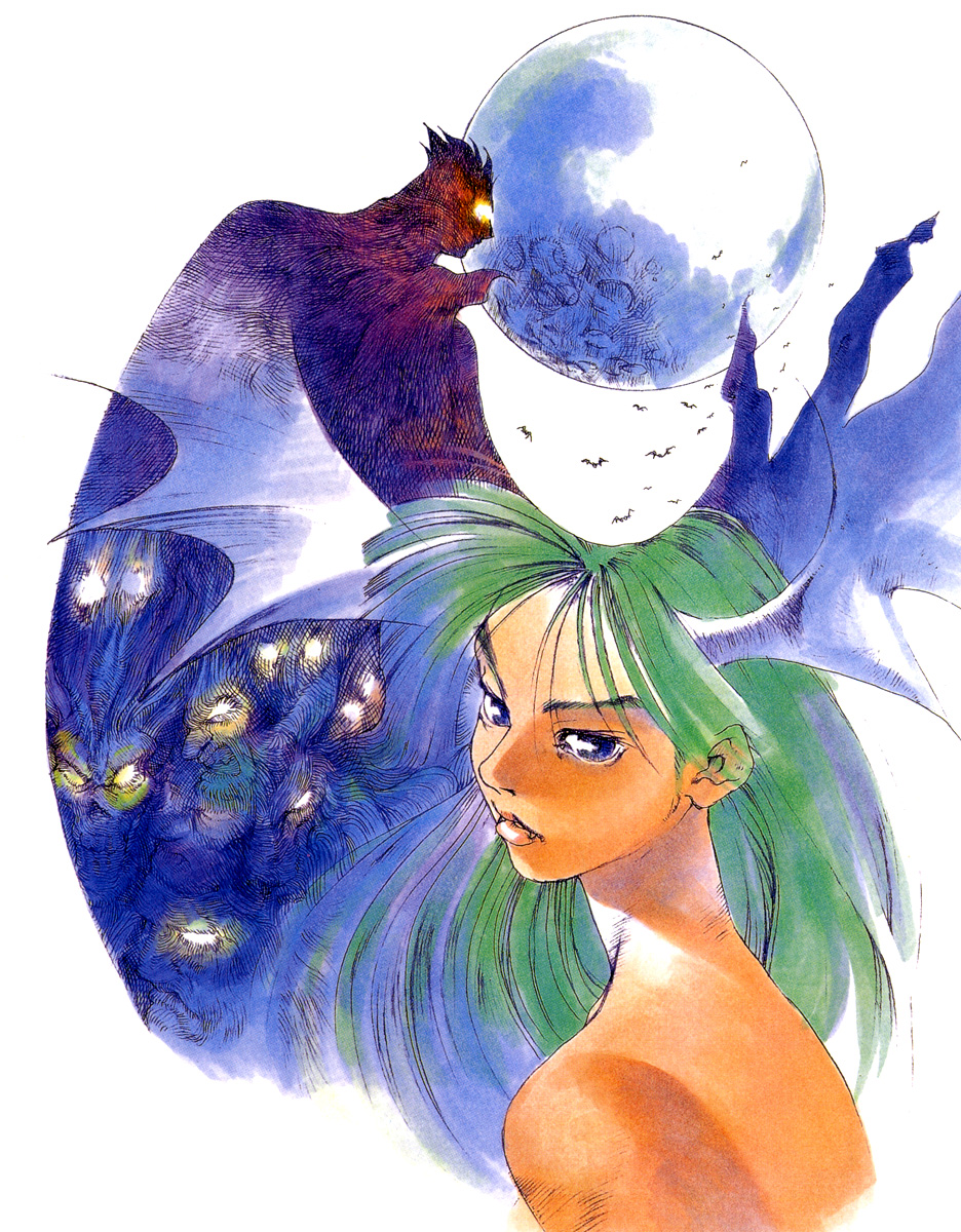 1boy 1girl bare_shoulders bengus capcom demitri demitri_maximoff demon_girl fangs flyer green_hair highres lips morrigan_aensland official_art poster_(medium) vampire darkstalkers