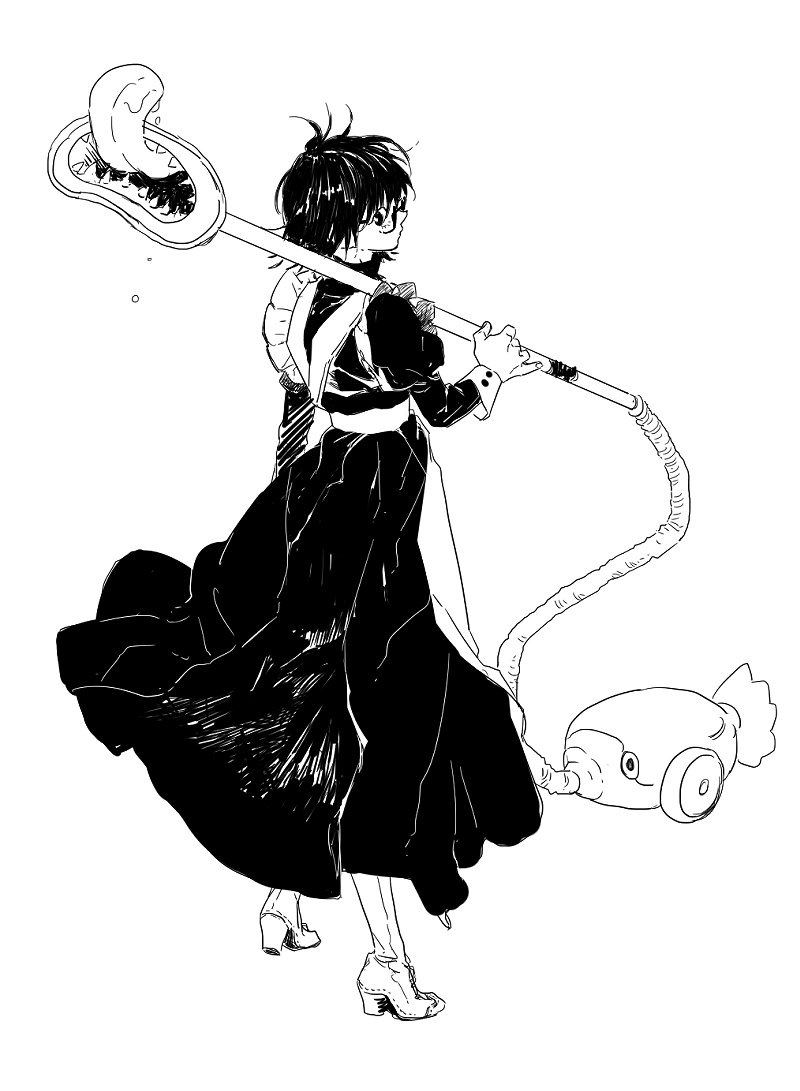 1girl alternate_costume apron black_dress black_eyes black_hair blinky_(hunter_x_hunter) boots chanoo_artz closed_mouth commentary_request dress frilled_dress frills full_body glasses holding_vacuum_cleaner hunter_x_hunter korean_commentary long_sleeves looking_at_viewer looking_back maid maid_apron monochrome shizuku_murasaki short_hair simple_background solo standing turtleneck turtleneck_dress waist_apron white_apron white_background white_boots white_wrist_cuffs wrist_cuffs